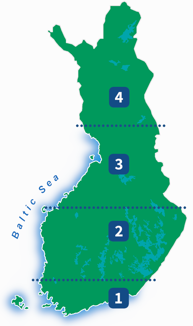 Map of Finland showing four climate regions: Southern, Central, Northern Finland and Lapland.